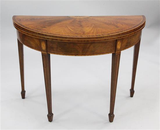 A George III mahogany and marquetry inlaid demi lune card table, W.3ft 3in.